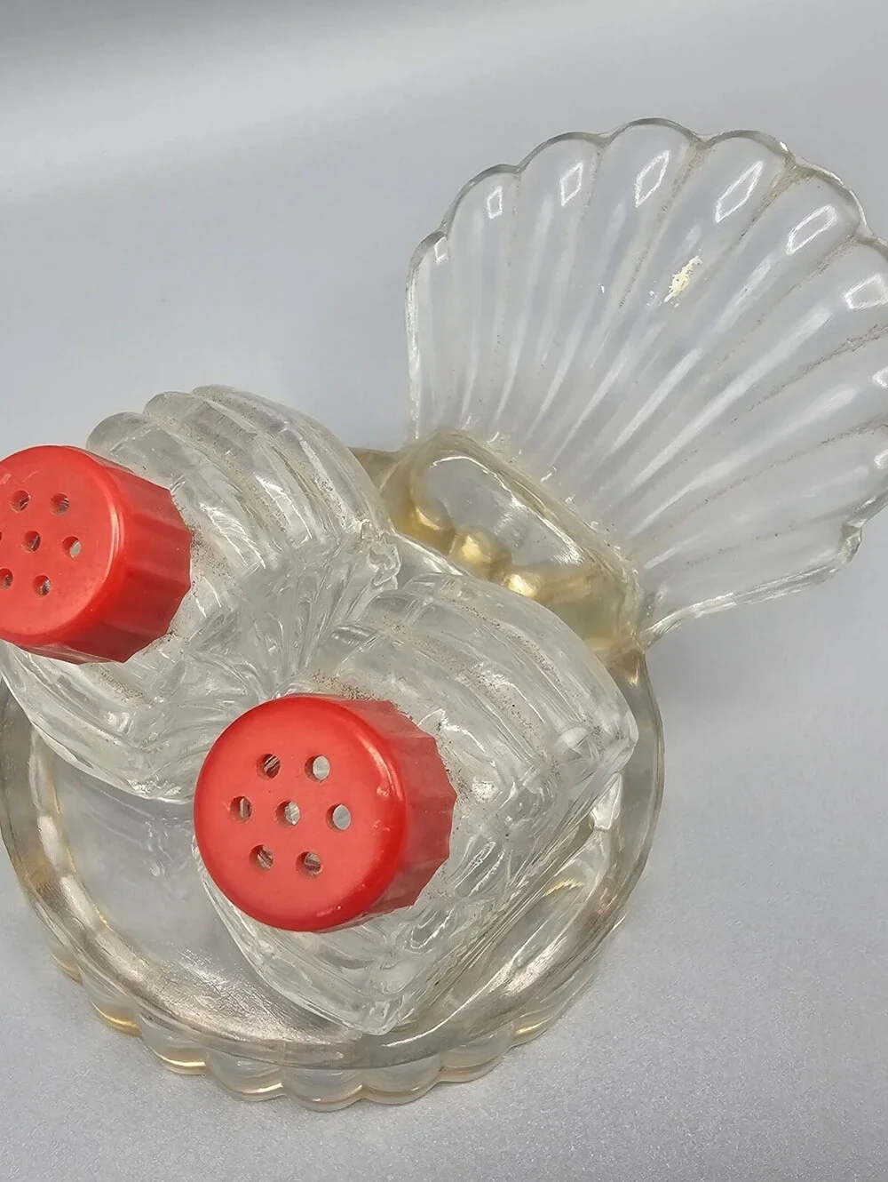 Vintage Glass Shell Shaped Salt and Pepper Shakers with Holder